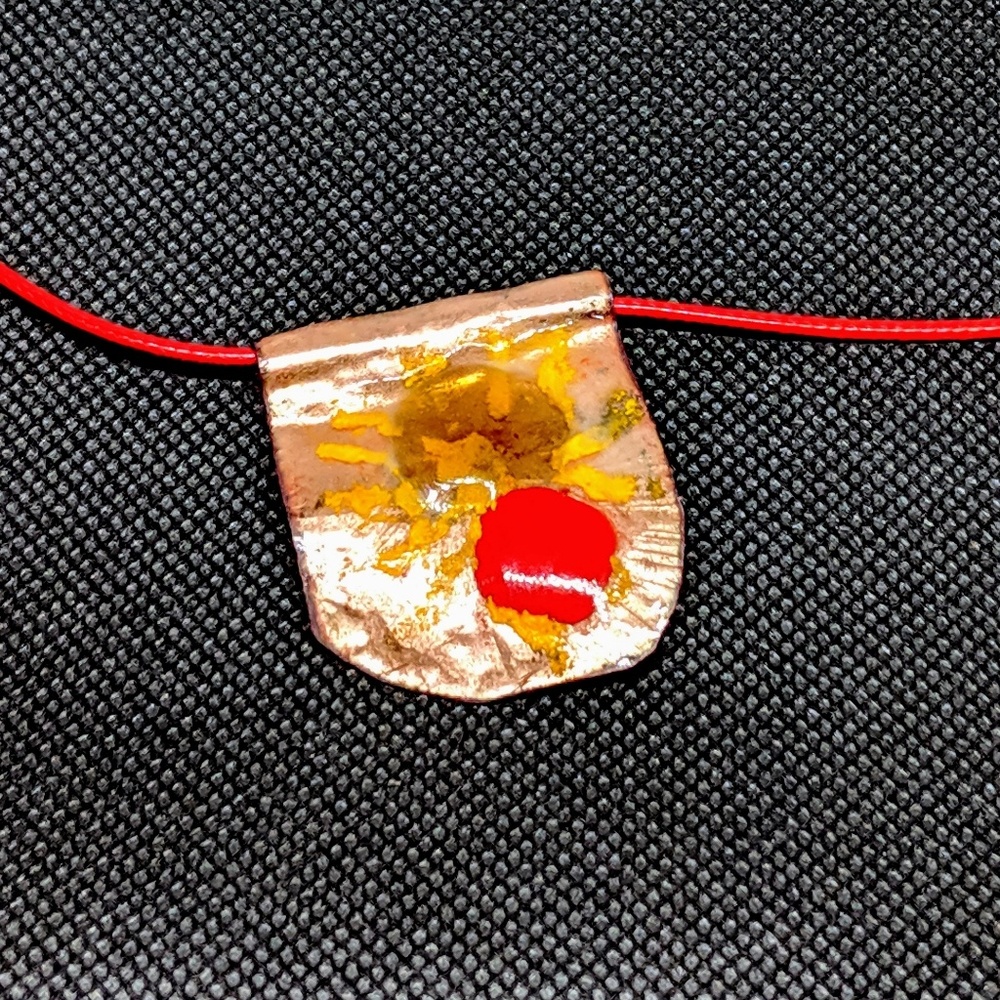 Vitreous Enamel Pendant in Beige, Yellow, and Red